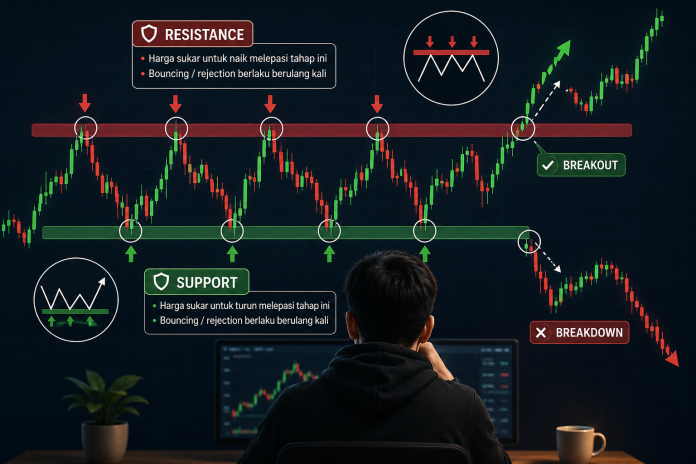 Ilustrasi kawasan support dan resistance pada carta candlestick forex
