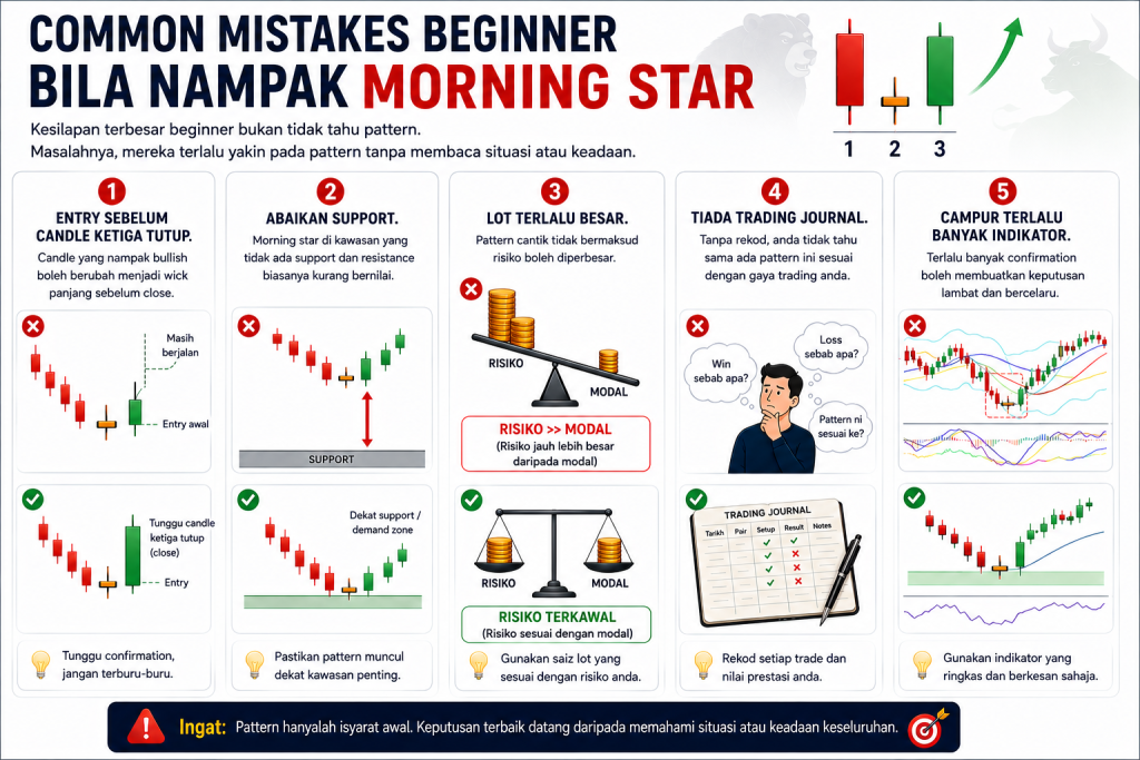 Infografik common mistakes beginner apabila menggunakan candlestick Morning Star