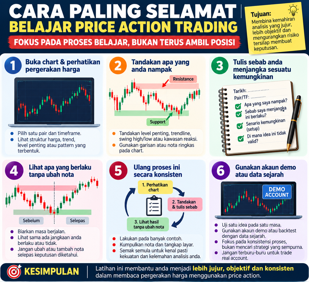 Cara belajar price action trading untuk beginner melalui pemerhatian chart, catatan analisis, latihan konsisten dan akaun demo