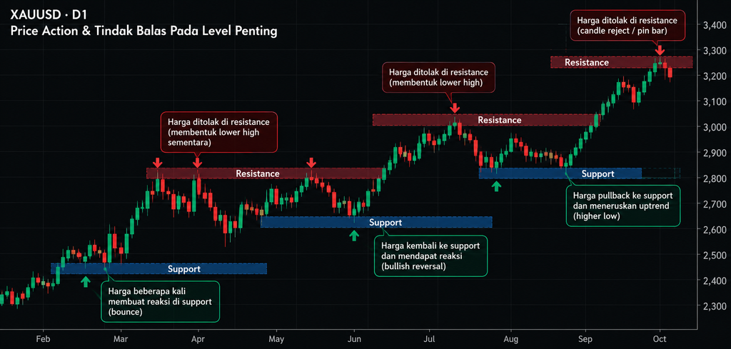 Chart XAUUSD D1 menunjukkan price action dan tindak balas harga pada kawasan support dan resistance