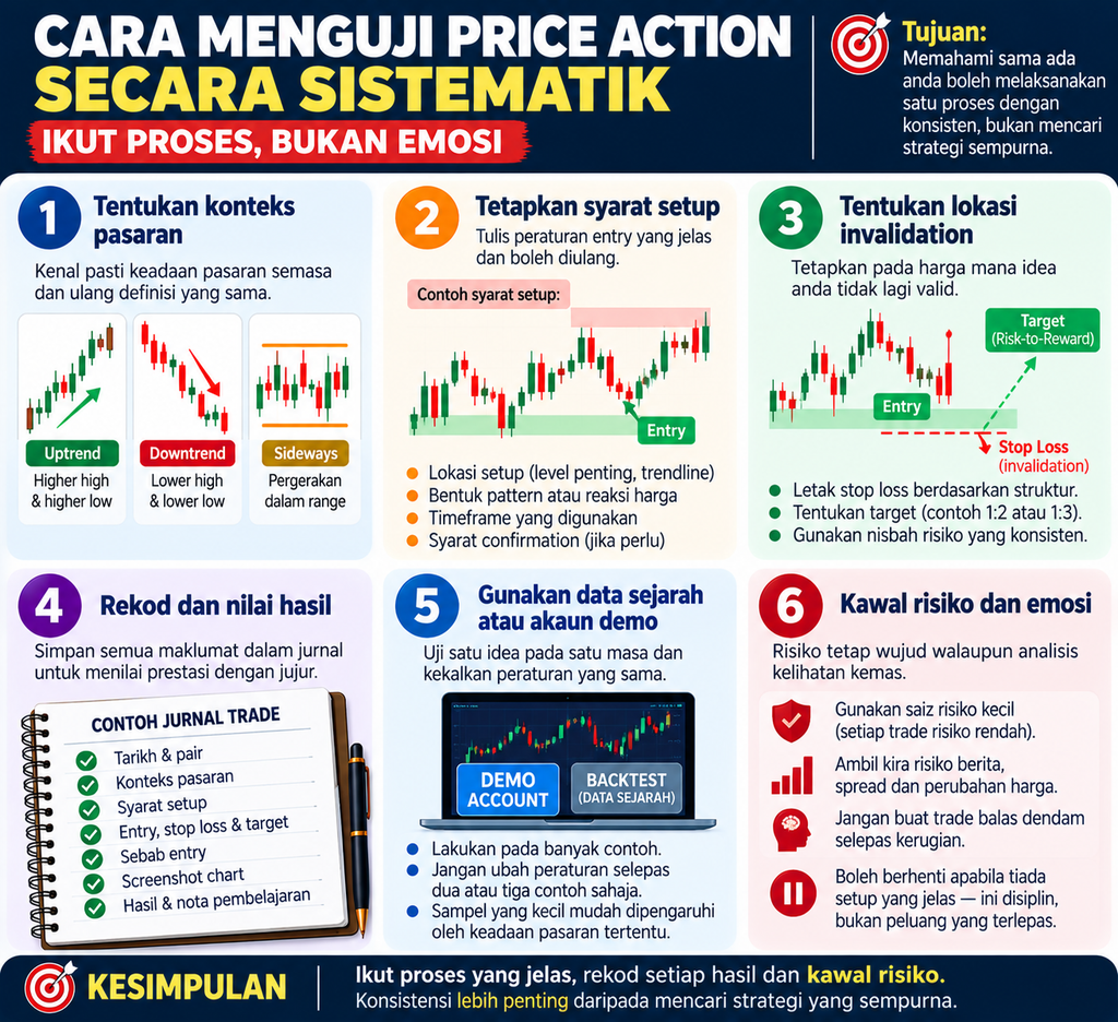 Cara menguji price action trading secara sistematik dengan menetapkan setup, invalidation, jurnal, risiko dan akaun demo
