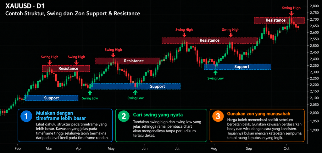 Chart XAUUSD D1 menunjukkan struktur price action, swing high dan swing low serta zon support dan resistance