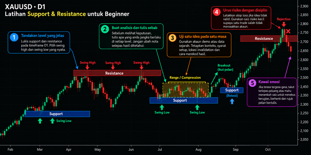 Chart XAUUSD D1 menunjukkan latihan price action support dan resistance untuk beginner, termasuk swing, breakout, retest, rejection dan kawalan risiko